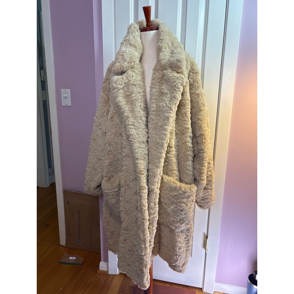 Natori‎ Faux Fur Teddy Coat Champagne Beige Oversized Longline Jacket XL